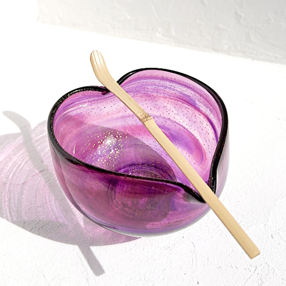 Rich Heart-Shaped Gold Leaf Matcha Bowl – Two-Color Marble-BeniFuji-pink&purple
