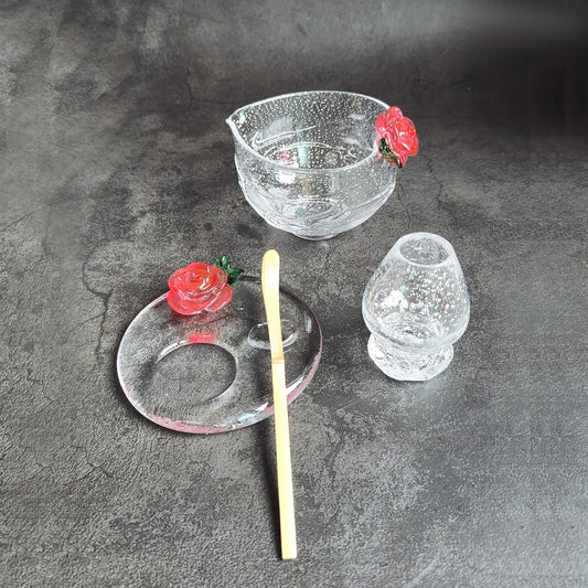 【Set Item】バラ抹茶茶碗と茶筅立てとデザートプレートの組み合わせ